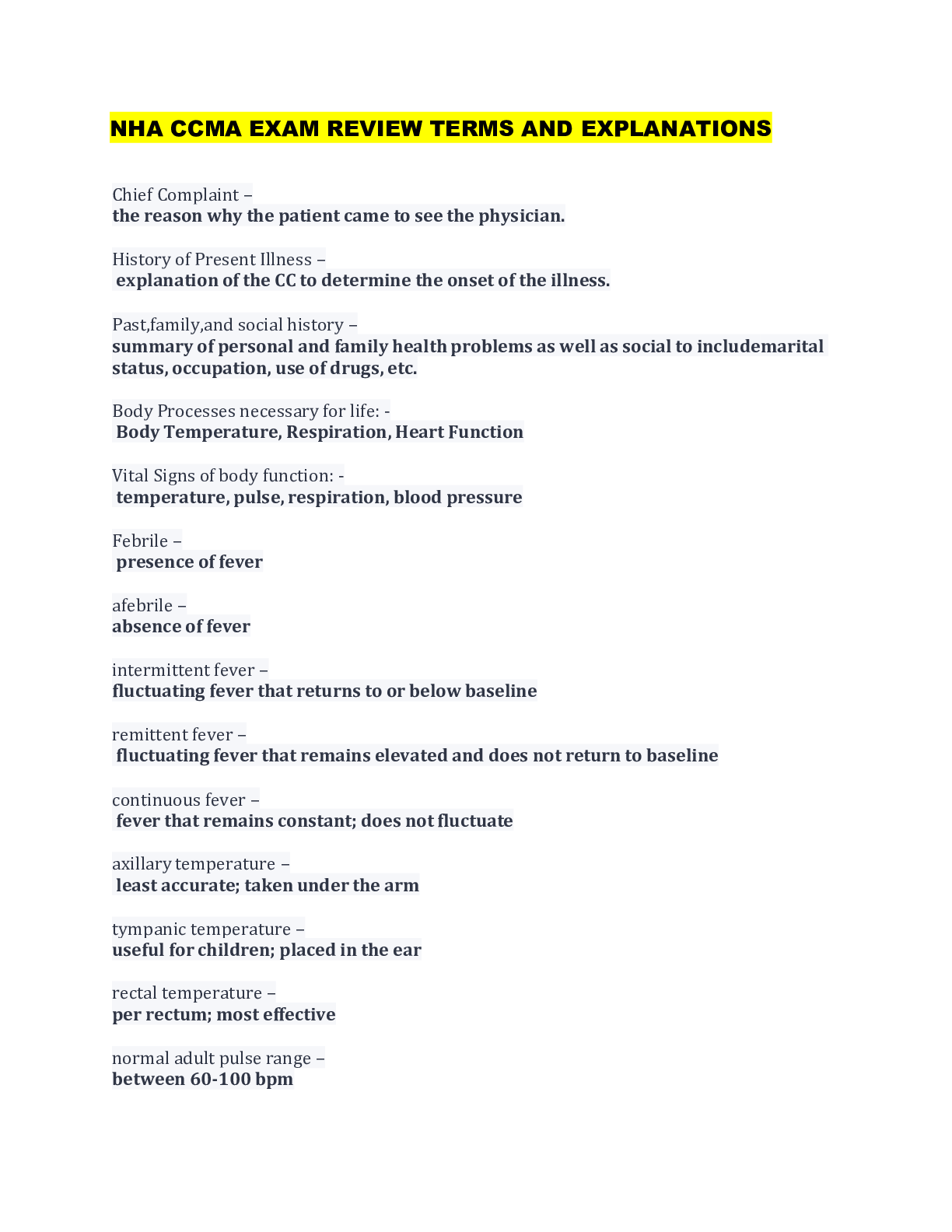 Preview image for NHA CCMA EXAM REVIEW 2022 Chief Complaint (With complete solution)